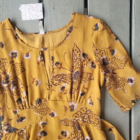 NWT Free‎ People Mustard Yellow Bonnie Butterfly Keyhole Boho Midi Dress 2 - Picture 10 of 11